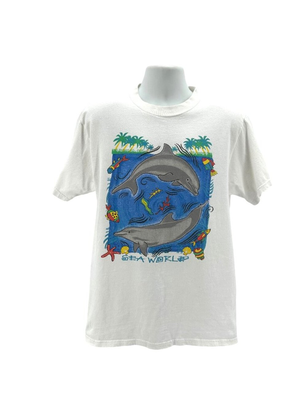 Vintage Tultex Mens Large Sea World White Graphic Short Sleeve T-Shirt